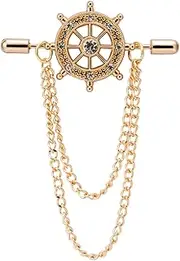 [Knighthood] Men's Gold Crystal Ship'S Steering Wheel With Chain Lapel Pin Badge Coat Suit Collar Accessories Brooch (Golden) (KHNEW16-SHIP-WHEEL)
