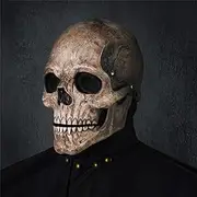 Creepy Halloween Full Head Skull Mask with Movable Jaw, Adult Entire Head Realistic Latex Helmet, Scary Skeleton Headgear
