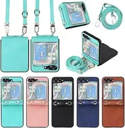 Cellphone Flip Case Compatible with Samsung Galaxy Z Flip 5 Leather Case with Adjustable Shoulder Strap, Ultra Thin Slim PU + Hard PC Durable Protective Phone Cover for Samsung Galaxy Z Flip5 5G 2023