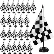 Mindsoft Black and White Checkered Racing Stick Flag Checkered Flag Sets Mini Racing Office Table Stick Flags with 12" Solid Pole Black Stand Base Decorations for Desk Car Party (24)