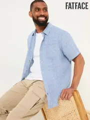 FatFace Blue Short Sleeve Micro Linen Check 100% Linen Shirt (AJ5248) | $120