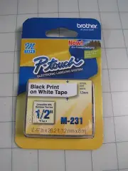 Brother M231 Black Print on White Tape 12mmx8m for machines that use 1/2" Tape