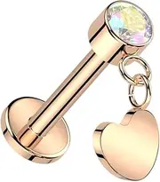 [Pierced Owl] 18GA ASTM F-136 Implant Grade Titanium Threadless Push-In CZ Crystal with Dangling Heart Flat Back Stud