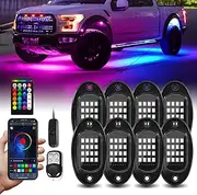 8 Pods RGB LED Rock Lights with APP/RF Remote Control High Brights Waterproof Underglow Multicolor Zone Neon Exterior Rock Lights for 12V Trucks Jeep UTV ATV RZR Offroad Pickup SUV Accessory