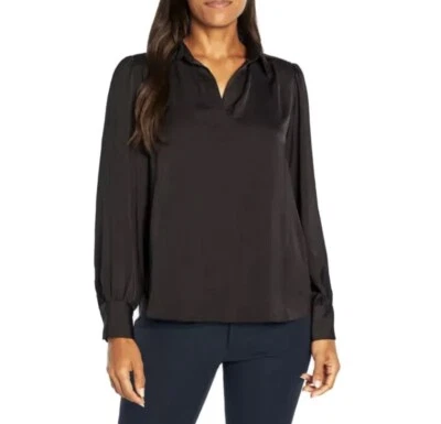 Banana Republic Womens Black, Medium Long Sleeve Relaxed, Satin, Pullover Blouse