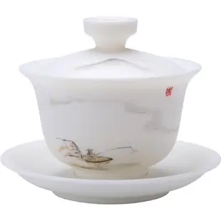 素燒白瓷三才蓋碗茶杯手繪山水高端泡茶蓋碗羊脂白玉茶碗帶蓋德化