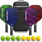 Rebelstoke Fiberglass Pickleball Paddles Set of 4 with bag - Pickleball Racket for Adults Comfort Grip, Indoor Outdoor Pickle Ball Kit, Pro Beginner Gear for Training, Pickle Ball Paddle for Women Men