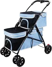 2 Layers pet Stroller for Dogs and Cats,4 Wheels pet pram cart,Foldable pet Trolley,Shock Absorber Swivel Front Wheel,Rear Wheel with Foot Brakes,Cabin with Front Zipped mesh Door