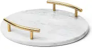 White Marble Tray with Gold Handles - Marble Perfume Tray for Vanity - Round Decorative Tray (Round, White)