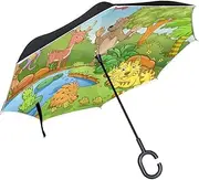 Double Layer Inverted Umbrella Cars Reverse Umbrella Animals in Forest Cartoon Kids Windproof UV Proof Travel Outdoor Umbrella