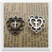 Bulk 50 Heart With Center Cross Charms 22 x 20mm Antique Silver US Seller 933