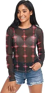 [AIXIWAWA] Evil Eye Red Women's Long Sleeve Mesh Sheer Top, Sexy See-Through Blouse for Party, Evening Wear S