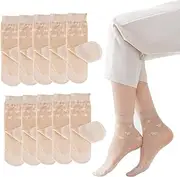 [POTXRESD] Women's Non-Slip Sheer Ankle Socks 10pk - Reinforced Anti-Snag Nylon, Ruffled Bow Cuff & Steel Yarn