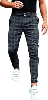 Men's Fashion Stretch Dress Pants Lightweight Slim Fit Flat Front Plaid Suit Pants Casual Business Golf Pants Pockets