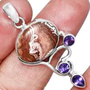 Rosetta Picture Jasper & Amethyst 925 Sterling Silver Pendant Jewelry P-1293