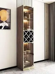 Home Bar Modern Wine Cabinet with LED Lighting, Glass Display Case, Diamond Rack Storage, Walnut Wood Finish