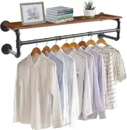 Wall Mounted Clothes Rail with Shelf - Industrial Pipe Garment Rack for Closet Storage