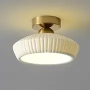 White Semi Flush Mount Ceiling Light, Mid Century Modern Close to Ceiling Light Fixtures, 8.6" Milk Glass Ceramic Pendant Lamp Shade, Farmhouse Lighting for Porch Hallway Kitchen Bedroom (Color : GOL
