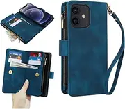 GoshukunTech for iPhone 12 Wallet Case with 9 Card Holders,for iPhone 12 Pro Case Zipper Coin Pocket PU Leather Flip Cover Kickstand Protective Phone Purse with Wrist Strap-Blue