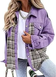 [Valtorixia] Women's Oversized Patchwork Denim Jacket Long Sleeve Jacket Top Button Front Oversized Denim with Pockets