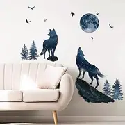 wondever Wolf and Moon Wall Stickers Wolves Mountain Peel and Stick Wall Art Decals for Bedroom Living Room Baby Nursery