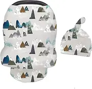 Baby Carseat Cover with Beanie, Adventure Mountain Infant Carseat Canopy for Boys Girls, Nursing Cover Breastfeeding Scarf for Mom, for Stroller High Chair Shopping Cart