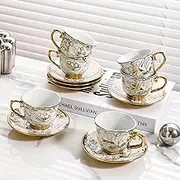 Frafuo Espresso Turkish Coffee Cups and Saucers for Women Tea Cups Set of 6 with Gift Box (White-Golden)