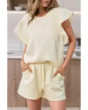 Apricot Textured Ruffled Sleeve Tee and Drawstring Shorts Set - M