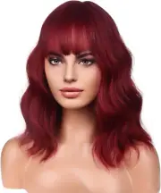 (Wine Red) - 36Cm Short Curly Women Girl'S Charming Synthetic Wig with Air Bangs