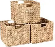 Water Hyacinth Storage Baskets, 12X12X10in Wicker Storage Cubes Set of 3, Kitchen Baskets for Storage Pantry, Baskets for Pantry Organization, Foldable Square Baskets for IKEA Kallax