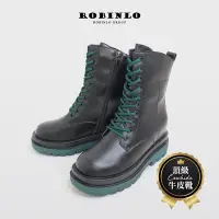 在飛比找Yahoo奇摩購物中心優惠-ROBINLO獨特焦點撞色全真皮綁帶中筒馬汀靴 極簡黑