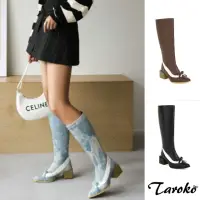 在飛比找momo購物網優惠-【Taroko】潮流拼接蝴蝶結尖頭粗跟女長筒靴(3色可選)