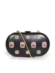 Black Leather Crystal Embellished Clutch