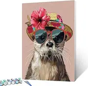 Sea Otter with Flowers Hat and Sunglasses Paint by Number Lovely Animal DIY Painting on Canvas with Brushes Acrylic Paints Paint by Numbers for Adults and Kids Beginner 16x20 Inch（without Frame）