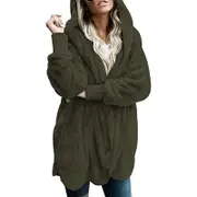 Nevenka Womens Long Sleeve Fuzzy Fleece Jacket Hooded Cardigan Coat with Pockets-Army Green