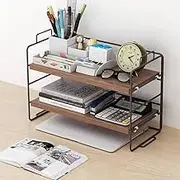 Hbluefat Desktop Shelf Organizer, 2-Tier Adjustable Wood Bookshelf Storage Rack, Small Multi-Functional Stackable Countertop Display Shelf for Home Office School (Walnut+Black)