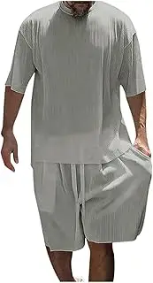 [Generic] Mens Sweatsuit Set V Neck Short Sleeve T-Shirt Elastic Waist Casual Short Summer Loose Fit Jogging Suit Lounge Sets