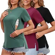 [Liu & Qu] Breastfeeding Shirts for Women 3 Pack Hidden Zipper Nursing Tops Side Split Postpartum Clothes