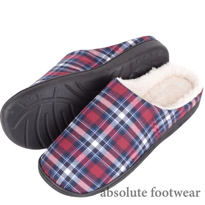 Mens Gents Easy Slip On Winter Checked Warm Cosy Open Back Mule Slippers