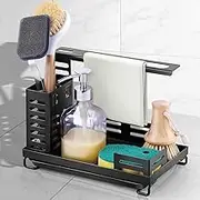 Jornarshar Sink Caddy Kitchen Organiser, Sponge Holder Brush Soap Dishcloth Holder with Drain Pan Caddy Organiser for Kitchen, Freestanding or Wall-Mounted with 2 Packs Sucker(Black)