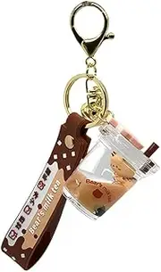 [JINZHOUFZ] Cute Liquid Keychain Milk Tea Cup Floating Bear Keychain Quicksand Key Ring Bag Charm for Car Keys