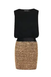 BOOHOO Black Gold Sequin DRESS Size 14 BRAND NEW Ribbon Party Cocktail Evening