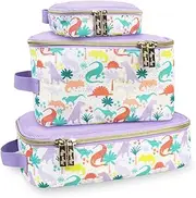Itzy Ritzy Packing Cubes - Set of 3 Packing Cubes or Travel Organizers; Each Cube Features a Mesh Top, Double Zippers and a Fabric Handle; Purple Dinosaurs