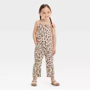 NWT Grayson Mini Girls' French Terry Knit Leopard Printed Jumpsuit - Beige 3T