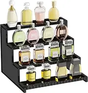 Lifewit 4 Tier Black Display Risers Stand with Decorative Fences, Plastic 12 Inch Perfume Organizer, Display for Figures, Cupcake, Dessert, Desktop Stand for Organization and Decor, 1 pack