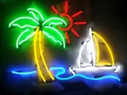 Boat Palm Tree Sunshine 17" Neon Sign Lamp Light With Dimmer Business Glass VY