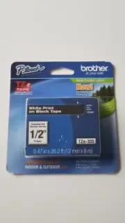 Brother P-touch TZE-335 Label Tape 1/2" 0.47" white print on black tape