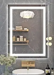 600x800mm LED Bathroom Mirror with Front + Backlit, Tempered Glass Bathroom Mirror with Lights, Anti-Fog, 3 Colors with Stepless Dimmable Memory Bathroom Vanity Mirror for Wall, Shatterproof