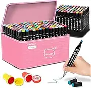 MIAOKE 120 colors Dual Tip Brush Pens, Dual Tip Markers with Base for Lettering Markers, Suitable for Drawing Markers, Coloring, Calligraphy, Lettering, Doodles, Sketching, Black (Pink-120 colors)