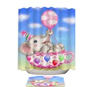 Children Design Cute Elephant Cup and Balloons Shower Curtain
